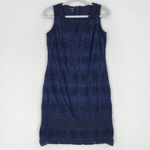 Talbots Dress Womens 4 Navy Blue Sleeveless Eyelet Crochet Sheath Cotton V Neck